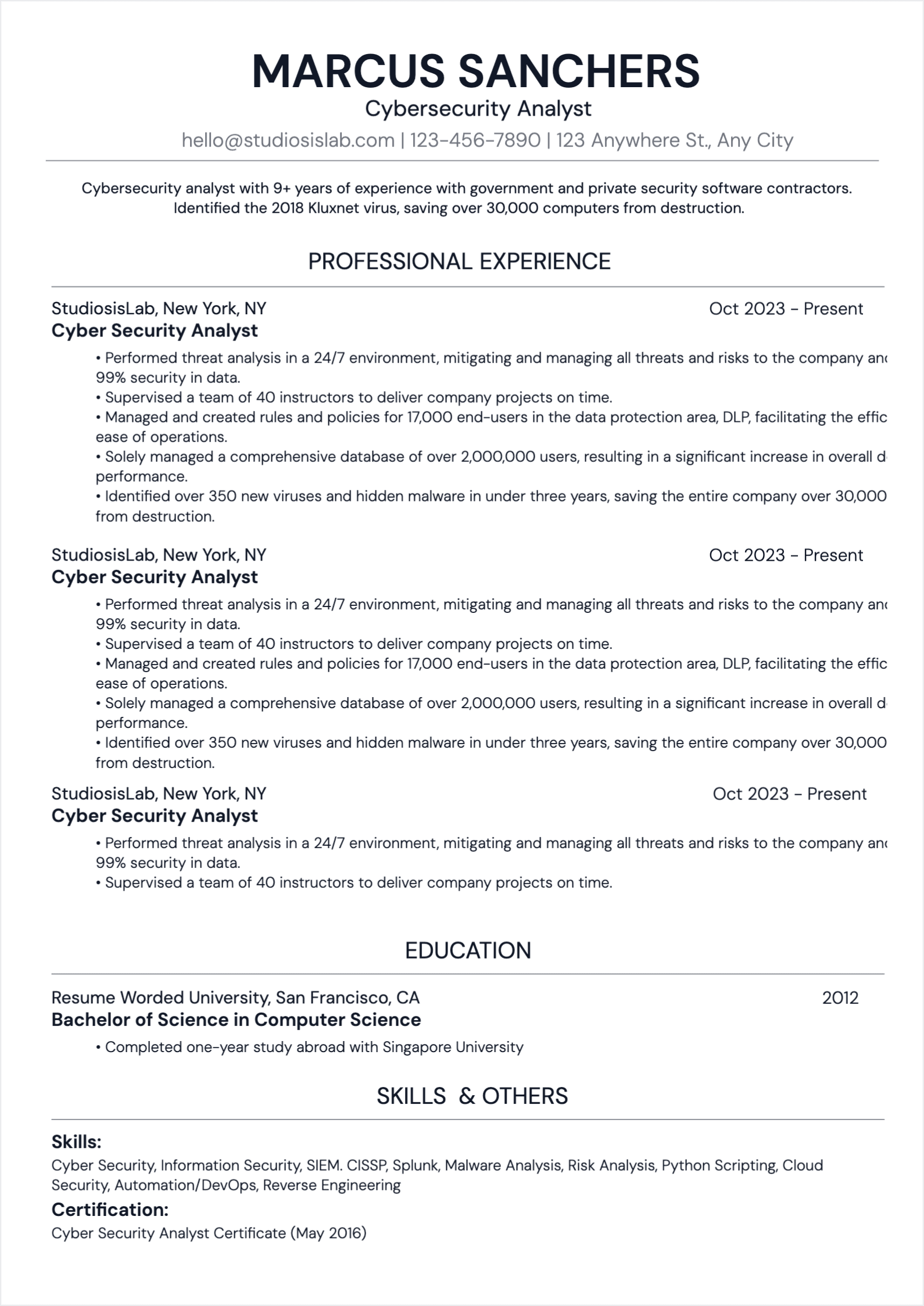 Cybersecurity Analyst Resume resume template preview