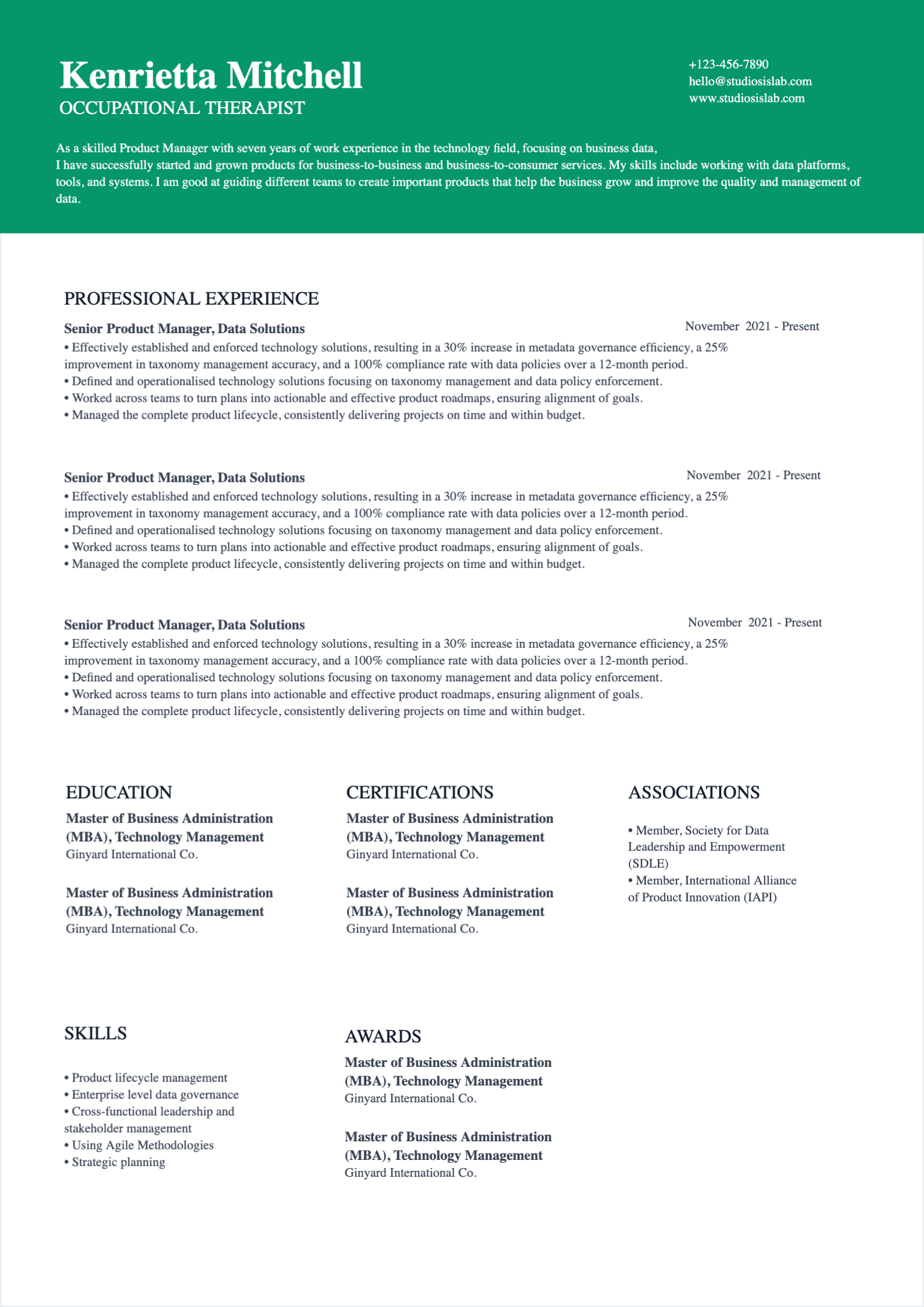 Occupational Therapist Resume resume template preview