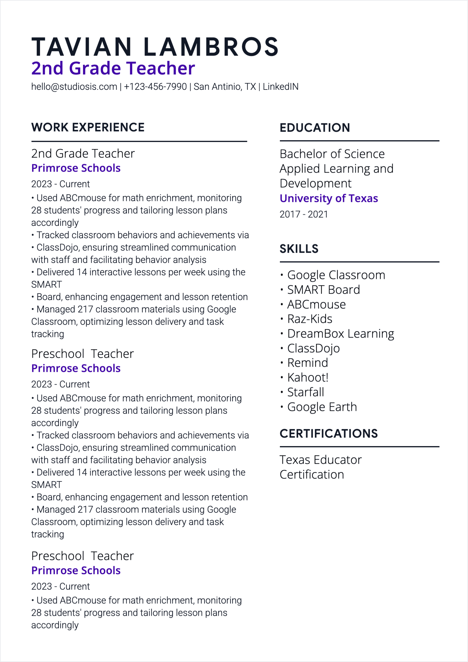 Teacher Resume resume template preview